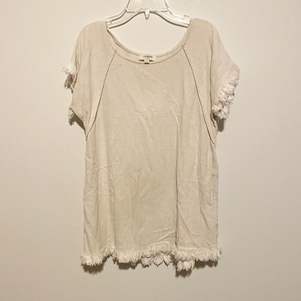 Umgee Size S Beige Oatmeal Short Sleeve Linen Cotton Frayed Tunic Top